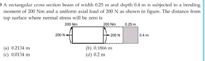 9 A rectangular cross section beam of width 0.25 m and depth 0.4 m is subjected to a bending
moment of 200 Nm and a uniform axial load of 200 N as shown in figure. The distance from
top surface where normal stress will be zero is
200 Nm
200 Nm
0.25 m
200 N-
200 N
0.4 m
(b) 0.1866 m
(d) 0.2 m
(a) 0.2134 m
(c) 0.0134 m
