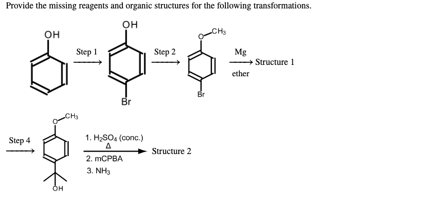 Provide the missing reagents and organic structures for the following transformations.
он
он
CH3
Step 1
Step 2
Mg
Structure 1
ether
Br
Br
CH3
Step 4
1. H2SO4 (conc.)
A
Structure 2
2. mCPBA
3. NH3
он
