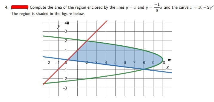 -1
4.
Compute the area of the region enclosed by the lines y = x and y = r and the curve r = 10 – 2y?
8.
The region is shaded in the figure below.
-3.
2
6 7 8 9
-1-
--2-
-3-
-1
2.
