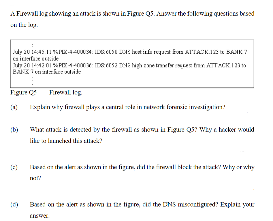 A Firewall log showing an attack is shown in Figure Q5. Answer the following questions based
on the log.
July 20 14:45:11 % PIX-4-400034: IDS: 6050 DNS host info request from ATTACK.123 to BANK.7
on interface outside
July 20 14:42:01 %PIX-4-400036: IDS: 6052 DNS high zone transfer request from ATTACK.123 to
BANK.7 on interface outside
Figure Q5 Firewall log.
(a)
(b)
(c)
(d)
Explain why firewall plays a central role in network forensic investigation?
What attack is detected by the firewall as shown in Figure Q5? Why a hacker would
like to launched this attack?
Based on the alert as shown in the figure, did the firewall block the attack? Why or why
not?
Based on the alert as shown in the figure, did the DNS misconfigured? Explain your
answer.