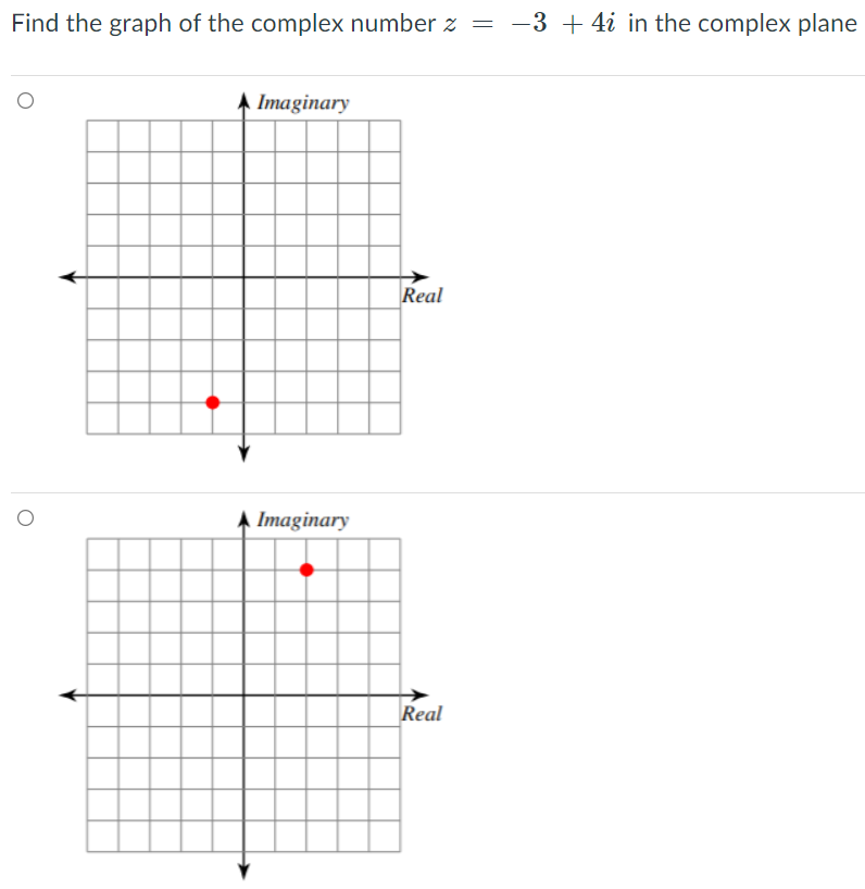 Find the graph of the complex number z = -3 + 4i in the complex plane
Imaginary
Real
A Imaginary
Real
