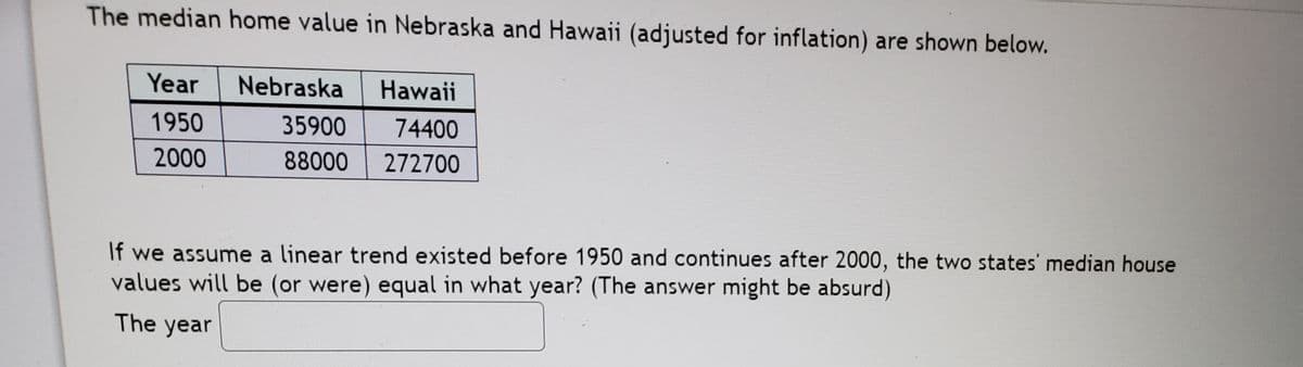 The median home value in Nebraska and Hawaii (adjusted for inflation) are shown below.
Year
Nebraska
Hawaii
1950
35900
74400
2000
88000
272700
If we assume a linear trend existed before 1950 and continues after 2000, the two states' median house
values will be (or were) equal in what year? (The answer might be absurd)
The year
