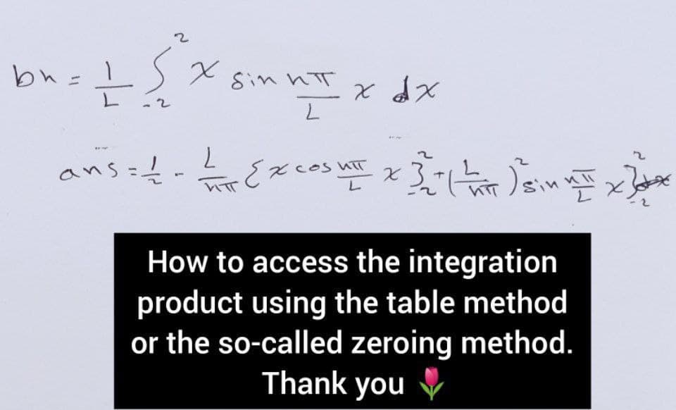 bu=LS 2x
Sin nT
%3D
x dx
ans-t- é
{xco
sin
How to access the integration
product using the table method
or the so-called zeroing method.
Thank you
