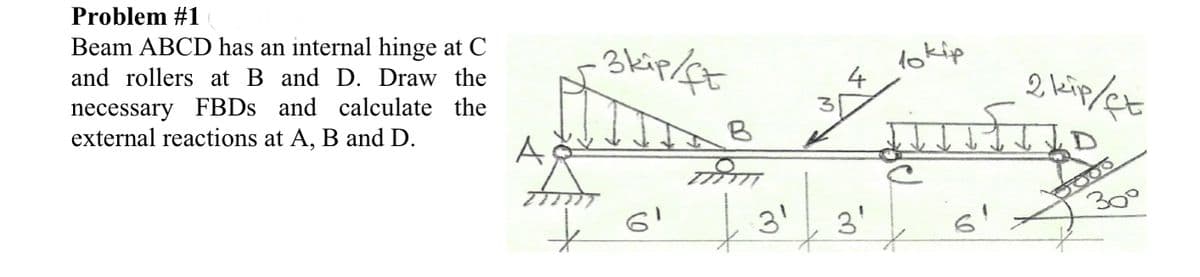 Problem #1
Beam ABCD has an internal hinge at C
and rollers at B and D. Draw the
necessary FBDS and calculate the
external reactions at A, B and D.
tokip
4
3.
हामावाश नि
6'
000
3'
3'
6'
30°
