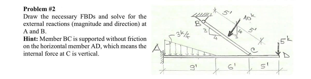 Problem #2
Draw the necessary FBDS and solve for the
external reactions (magnitude and direction) at
A and B.
Hint: Member BC is supported without friction
on the horizontal member AD, which means the
internal force at C is vertical.
10!
5'
6'
