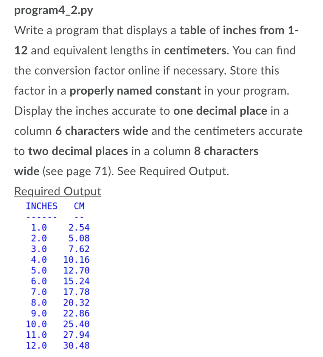 program4_2.py
Write a program that displays a table of inches from 1-
12 and equivalent lengths in centimeters. You can find
the conversion factor online if necessary. Store this
factor in a properly named constant in your program.
Display the inches accurate to one decimal place in a
column 6 characters wide and the centimeters accurate
to two decimal places in a column 8 characters
wide (see page 71). See Required Output.
Required Output
INCHES
CM
1.0
2.54
2.0
5.08
3.0
7.62
4.0
10.16
5.0
12.70
6.0
15.24
7.0
17.78
8.0
20.32
9.0
22.86
10.0
25.40
11.0
12.0
27.94
30.48
