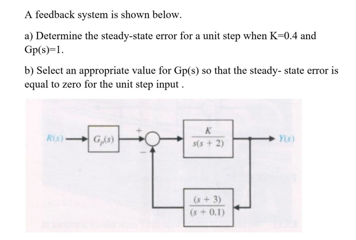 A feedback system is shown below.
a) Determine the steady-state error for a unit step when K=0.4 and
Gp(s)=1.
b) Select an appropriate value for Gp(s) so that the steady- state error is
equal to zero for the unit step input .
K
R(s)
G,(s)
s(s + 2)
Y(s)
(s + 3)
(s + 0.1)
