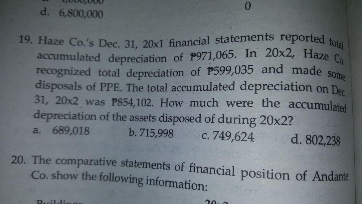 accumulated depreciation of P971,065. In 20x2, Haze Co.
recognized total depreciation of P599,035 and made some
Co. show the following information:
19. Haze Co.'s Dec. 31, 20x1 'financial statements reported total
d. 6,800,000
accumulated depreciation of P971,065. In 20x2, Haze C
recognized tótal depreciation of P599,035 and made som
disposals of PPE. The total accumulated depreciation on Der
31, 20x2 was P854,102. How much were the accumulated
depreciation of the assets disposed of during 20x2?
a. 689,018
0.
b. 715,998
c. 749,624
d. 802,238
20. The comparative statements of financial position of Andante
Co. show the following
information:
20.0
Buildi
