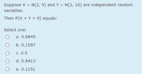 Suppose X ~ N(2, 9) and Y ~ N(2, 16) are independent random
variables.
Then P(X + Y > 9) equals:
Select one:
a. 0.8849
b. 0.1587
C. 0.5
d. 0.8413
e. 0.1151
