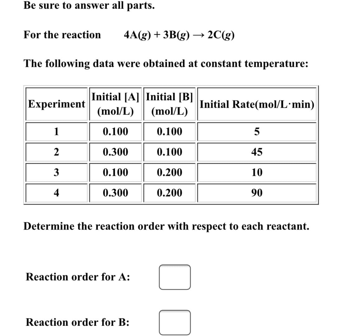 Be sure to answer all parts.
For the reaction
4A(g) + 3B(g) → 2C(g)
The following data were obtained at constant temperature:
Experiment
Initial [A] Initial [B]
(mol/L)
Initial Rate(mol/L•min)
(mol/L)
1
0.100
0.100
5
2
0.300
0.100
45
3
0.100
0.200
10
4
0.300
0.200
90
Determine the reaction order with respect to each reactant.
Reaction order for A:
Reaction order for B:
