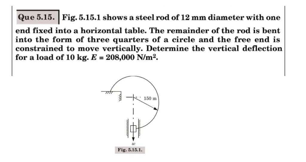 Que 5.15. Fig. 5.15.1 shows a steel rod of 12 mm diameter with one
end fixed into a horizontal table. The remainder of the rod is bent
into the form of three quarters of a circle and the free end is
constrained to move vertically. Determine the vertical deflection
for a load of 10 kg. E = 208,000 N/m2.
k 150 m
Fig. 5.15.1.

