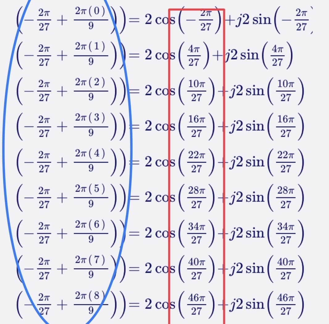+ )=2 co(-)+;2 sin (-
2 cos () +62 sin ()
2 cos )j2 sin ()
(-끓 + n)) 2c따(뜰)t2sin()
(-+ ))F2 cos(#)+2sin()
2т (0)
9.
+j2 sin
27
2т (1)
27
9.
2т (2)
10л
10т
27
9.
2т (3)
16T
-j2 sin
16л
E 2 cos
9.
2т (4)
22т
22т
-j2 sin
9.
2т (5)
28п
28т
2 сos
-j2 sin(
27
9.
27
27
2 cas ()+32 sin (*)
2 cas ()j2 sin ()
)= 2 co- ()+32 sin ()
2т (6)
34т
34т
+
27
9.
2т (7)
40л
40т
27
2т (8
+
9
46т
46т
-j2 sin(
27
+
