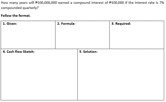 How many years will P100,000,000 earned a compound interest of P100,000 if the interest rate is 7%
compounded quarterly?
Follow the format.
1. Given:
2. Formula:
3. Required:
4. Cash flow Sketch:
5. Solution:
