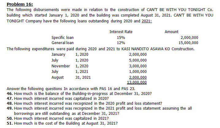 Problem 16:
The following disbursements were made in relation to the construction of CAN'T BE WITH YOU TONIGHT Co.
building which started January 1, 2020 and the building was completed August 31, 2021. CAN'T BE WITH YOu
TONIGHT Company have the following loans outstanding during 2020 and 2021:
Interest Rate
Amount
Specific loan
15%
2,000,000
General loan
12%
15,000,000
The following expenditures were paid during 2020 and 2021 to KASI NANDITO ASAWA KO Construction.
January
1, 2020
2,000,000
July
1, 2020
5,000,000
November 1, 2020
3,000,000
July
1, 2021
1,000,000
August
31, 2021
2,000,000
13,000,000
Answer the following questions In accordance with PAS 16 and PAS 23.
46. How much is the balance of the Building-in-progress at December 31, 2020?
47. How much interest incurred was capitalized in 2020?
48. How much interest incurred was recognized in the 2020 profit and loss statement?
49. How much interest incurred was recognized in the 2021 profit and loss statement assuming the all
borrowings are still outstanding as at December 31, 2021?
50. How much interest incurred was capitalized in 2021?
51. How much is the cost of the Building at August 31, 2021?
