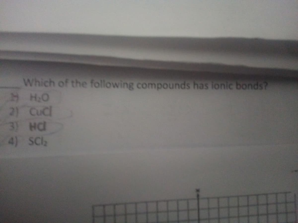 Which of the following compounds has lonic bonds?
HH.O
21 CuCl
3) HC
4) SCla
