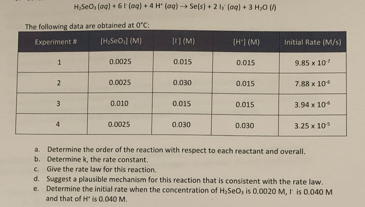 H2SEO3 (aq) + 6 1 +4 H* (aq)→ Se(s) + 2 13 (aq) + 3 H20 (/)
The following data are obtained at 0°C:
Experiment #
[H2SEO3] (M)
[1] (M)
[H*] (M)
Initial Rate (M/s)
1
0.0025
0.015
0.015
9.85 x 107
0.0025
0.030
0.015
7.88 x 10-6
0.010
0.015
0.015
3.94 x 10-6
4
0.0025
0.030
0.030
3.25 x 10-5
Determine the order of the reaction with respect to each reactant and overall.
b. Determine k, the rate constant.
a.
С.
Give the rate law for this reaction.
d. Suggest a plausible mechanism for this reaction that is consistent with the rate law.
Determine the initial rate when the concentration of H2SEO3 is 0.0020 M, I is 0.040 M
e.
and that of H* is 0.040 M.
