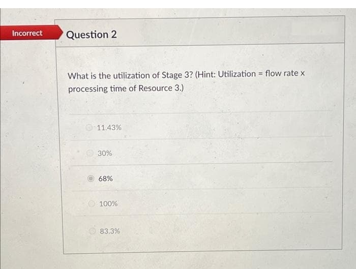 Incorrect
Question 2
What is the utilization of Stage 3? (Hint: Utilization flow rate x
processing time of Resource 3.)
O11.43%
O 30%
68%
100%
83.3%
