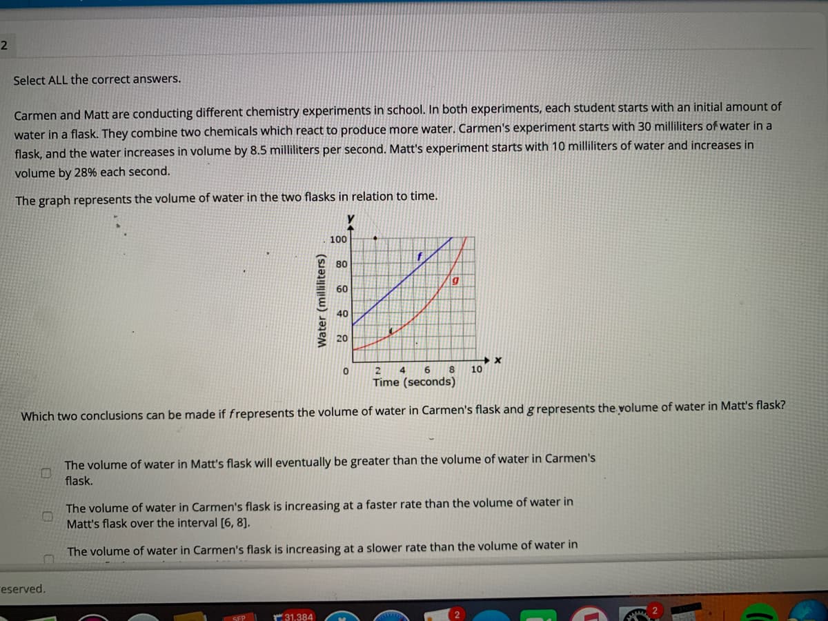 Select ALL the correct answers.
Carmen and Matt are conducting different chemistry experiments in school. In both experiments, each student starts with an initial amount of
water in a flask. They combine two chemicals which react to produce more water. Carmen's experiment starts with 30 milliliters of water in a
flask, and the water increases in volume by 8.5 milliliters per second. Matt's experiment starts with 10 milliliters of water and increases in
volume by 28% each second.
The graph represents the volume of water in the two flasks in relation to time.
100
80
60
40
2
4
6
8
10
Time (seconds)
Which two conclusions can be made if frepresents the volume of water in Carmen's flask and g represents the volume of water in Matt's flask?
The volume of water in Matt's flask will eventually be greater than the volume of water in Carmen's
flask.
The volume of water in Carmen's flask is increasing at a faster rate than the volume of water in
Matt's flask over the interval [6, 8].
The volume of water in Carmen's flask is increasing at a slower rate than the volume of water in
reserved.
SEP
31,384
Water (milliliters)
