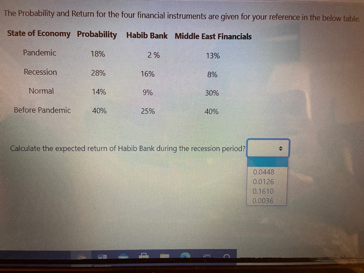 The Probability and Return for the four financial instruments are given for your reference in the below table.
State of Economy Probability Habib Bank Middle East Financials
Pandemic
18%
2%
13%
Recession
28%
16%
8%
Normal
14%
9%
30%
Before Pandemic
40%
25%
40%
Calculate the expected return of Habib Bank during the recession period?
0.0448
0.0126
0.1610
0.0036

