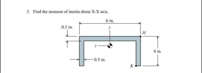 3. Find the moment of inertia about X-X axis.
6 in.
0.5 in.
4 in.
-0.5 in.
K
