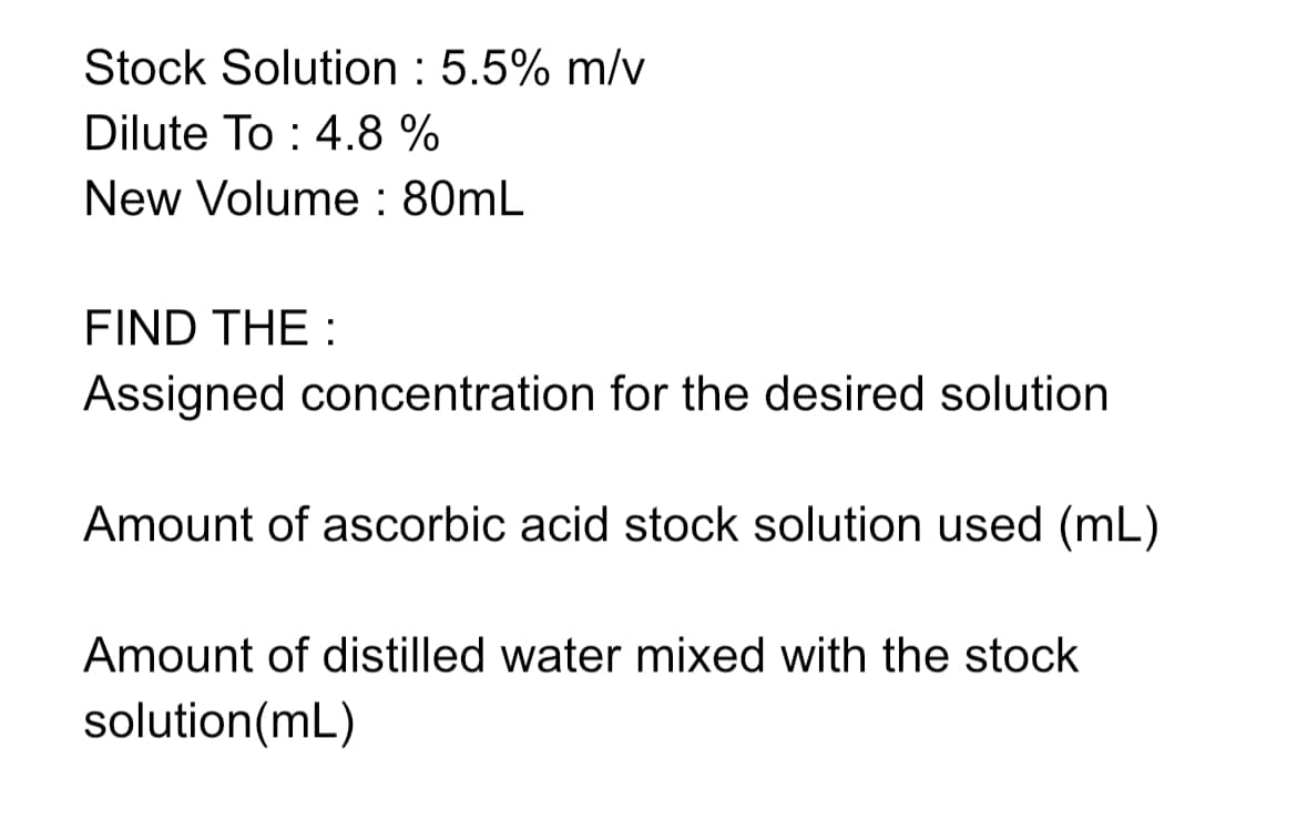 Stock Solution : 5.5% m/v
Dilute To : 4.8 %
New Volume : 80mL
FIND THE :
Assigned concentration for the desired solution
Amount of ascorbic acid stock solution used (mL)
Amount of distilled water mixed with the stock
solution(mL)
