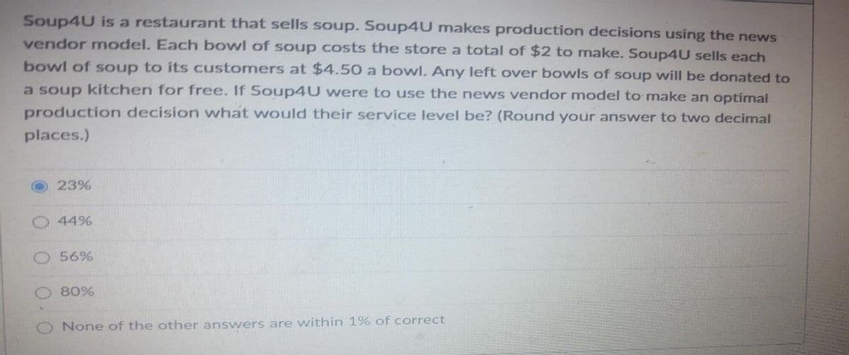 Soup4U is a restaurant that sells soup. Soup4U makes production decisions using the news
vendor model. Each bowl of soup costs the store a total of $2 to make. Soup4U sells each
bowl of soup to its customers at $4.50 a bowl. Any left over bowls of soup will be donated to
a soup kitchen for free. If Soup4U were to use the news vendor model to make an optímal
production decision what would their service level be? (Round your answer to two decimal
places.)
23%
44%
O 56%
80%
None of the other answers are within 1% of correct
0. 0
