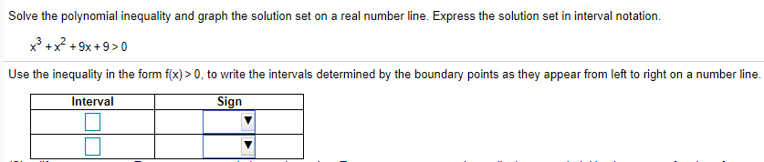 Solve the polynomial inequality and graph the solution set on a real number line. Express the solution set in interval notation.
x +x? + 9x + 9 >0
Use the inequality in the form f(x) > 0, to write the intervals determined by the boundary points as they appear from left to right on a number line.
Interval
Sign
