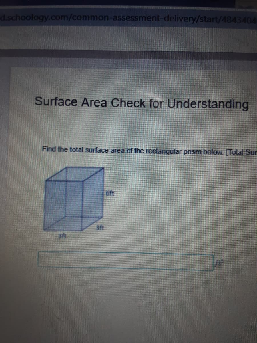 d.schoology.com/common-assessment-delivery/start/4843404-
Surface Area Check for Understanding
Find the total surface area of the rectangular prism below. [Total Sur
6ft
3ft
aft
