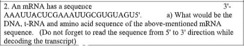 2. An MRNA has a sequence
AAAUUACUCGAAAUUGCGUGUAGUS'.
DNA, t-RNA and amino acid sequence of the above-mentioned mRNA
sequence. (Do not forget to read the sequence from 5' to 3' direction while
| decoding the transcript)
3'.
a) What would be the
