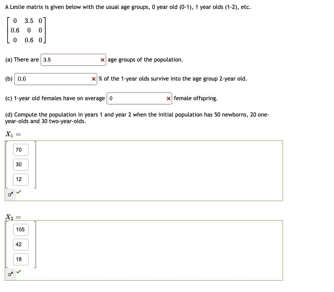 A Leslie matrix is given below with the usual age groups, 0 year old (0-1), 1 year olds (1-2), etc.
3.5 0
0.6
0.6 0
(a) There are 3.5
X age groups of the population.
(b) 0.6
x% of the 1-year olds survive into the age group 2-year old.
(c) 1-year old females have on average 0
x female offspring.
(d) Compute the population in years 1 and year 2 when the initial population has 50 newborns, 20 one-
year-olds and 30 two-year-olds.
X1
70
30
12
X2
105
42
18
