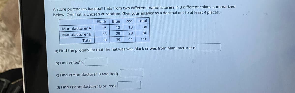 A store purchases baseball hats from two different manufacturers in 3 different colors, summarized
below. One hat is chosen at random. Give your answer as a decimal out to at least 4 places.
Black
Blue
Red
Total
Manufacturer A
15
10
13
38
Manufacturer B
23
29
28
80
Total
38
39
41
118
a) Find the probability that the hat was was Black or was from Manufacturer B.
b) Find P(Red).
C) Find P(Manufacturer B and Red).
d) Find P(Manufacturer B or Red).
