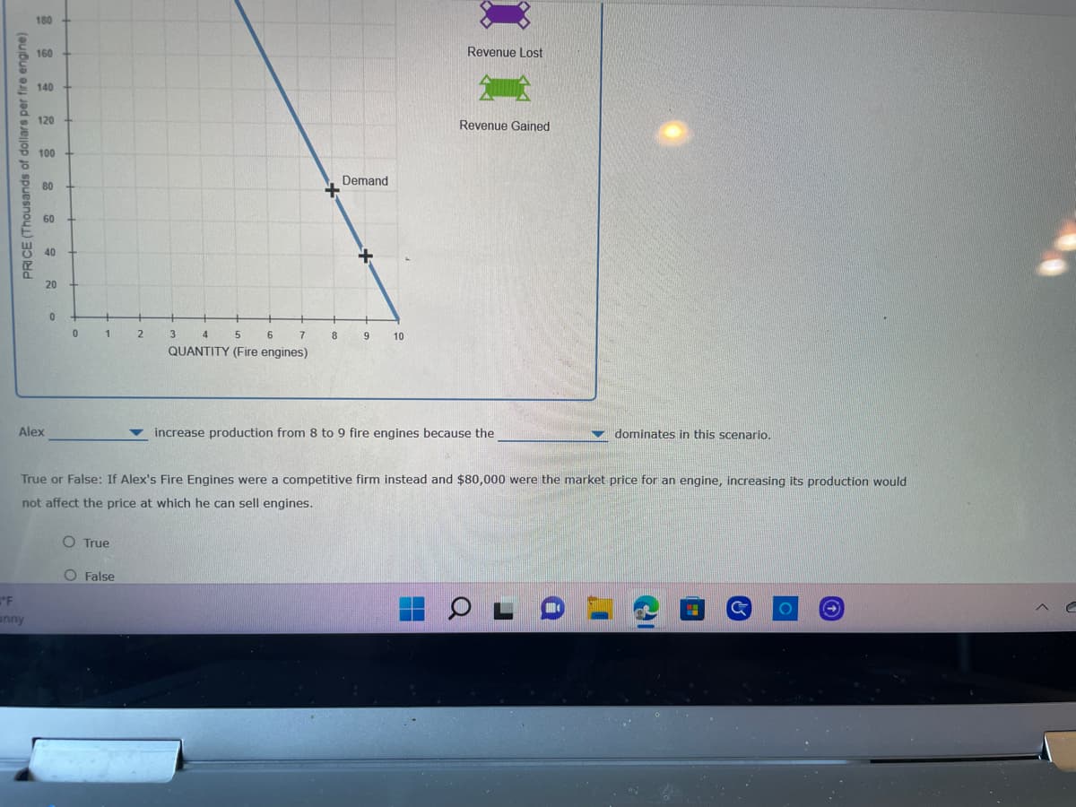 PRICE (Thousands of dollars per fire engine)
180
160
"F
anny
140
120
100
80
60
40
Alex
20
0
0
1
O True
2
O False
3
4
5
6
QUANTITY (Fire engines)
7
8
Demand
+
9 10
Revenue Lost
Revenue Gained
True or False: If Alex's Fire Engines were a competitive firm instead and $80,000 were the market price for an engine, increasing its production would
not affect the price at which he can sell engines.
increase production from 8 to 9 fire engines because the
dominates in this scenario.
G
O