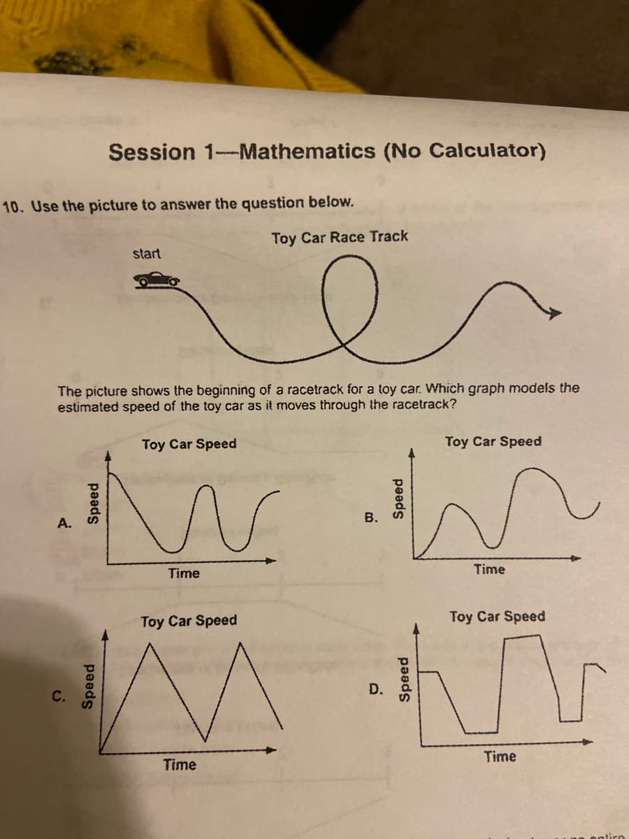 Session 1-Mathematics (No Calculator)
10. Use the picture to answer the question below.
Toy Car Race Track
start
The picture shows the beginning of a racetrack for a toy car. Which graph models the
estimated speed of the toy car as it moves through the racetrack?
Toy Car Speed
Toy Car Speed
В.
Time
Time
Toy Car Speed
Toy Car Speed
Time
Time
antire
paads
Speed
D.
Speed
C.
A.
