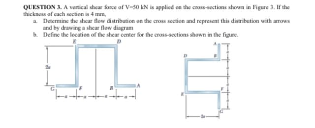 QUESTION 3. A vertical shear force of V-50 kN is applied on the cross-sections shown in Figure 3. If the
thickness of each section is 4 mm,
a. Determine the shear flow distribution on the cross section and represent this distribution with arrows
and by drawing a shear flow diagram
b. Define the location of the shear center for the cross-sections shown in the figure.
