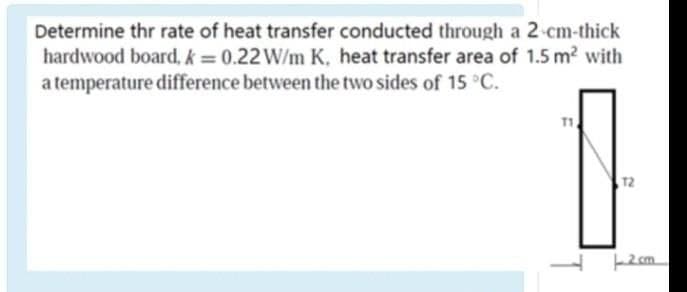 Determine thr rate of heat transfer conducted through a 2-cm-thick
hardwood board, k = 0.22 W/m K, heat transfer area of 1.5 m? with
a temperature difference between the two sides of 15 C.
12
cm
