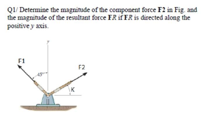 Q1/ Determine the magnitude of the component force F2 in Fig. and
the magnitude of the resultant force FR if FR is directed along the
positive y axis.
F1
F2
K
