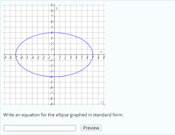 6.
y
up
-6 -5 -4 -3 -2 -1
56
8 9
-2
-5-
-6-
-7
-8
-9-
Write an equation for the ellipse graphed in standard form.
Preview
o co
