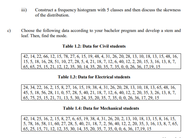 iii)
Construct a frequency histogram with 5 classes and then discuss the skewness
of the distribution.
c)
Choose the following data according to your bachelor program and develop a stem and
leaf. Then, find the mode.
Table 1.2: Data for Civil students
| 42, 14, 22, 66, 12, 15, 78, 27, 6, 15, 19, 48, 4, 31, 26, 20, 28, 13, 10, 18, 13, 15, 48, 16,
15, 5, 18, 16, 28, 51, 10, 27, 28, 5, 4, 21, 18, 7, 12, 6, 40, 12, 2, 20, 15, 3, 16, 13, 8, 7,
65, 65, 25, 15, 21, 12, 12, 35, 30, 14, 35, 20, 35, 7, 35, 0, 0, 26, 36, 17,19, 15
Table 1.3: Data for Electrical students
| 24, 34, 22, 16, 2, 15, 8, 27, 16, 15, 19, 38, 4, 31, 26, 20, 28, 13, 10, 18, 13, 65, 48, 16,
45, 5, 18, 56, 28, 11, 0, 57, 28, 5, 40, 21, 18, 7, 12, 6, 40, 12, 2, 20, 35, 3, 26, 13, 8, 7,
65, 75, 25, 15, 21, 71, 13, 5, 30, 24, 35, 20, 35, 7, 35, 0, 0, 26, 36, 17, 29, 15
Table 1.4: Data for Mechanical students
42, 14, 25, 16, 2, 15, 8, 27, 6, 65, 19, 38, 4, 31, 26, 20, 2, 13, 10, 18, 13, 15, 8, 16, 15,
5, 78, 16, 58, 11, 60, 27, 28, 5, 40, 21, 18, 7, 2, 56, 40, 12, 2, 20, 35, 3, 16, 13, 8, 7, 65,
65, 25, 15, 71, 12, 12, 35, 30, 14, 35, 20, 35, 7, 35, 0, 0, 6, 36, 17,19, 15
