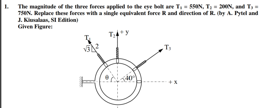 The magnitude of the three forces applied to the eye bolt are T1 = 550N, T2 = 200N, and T3 =
750N. Replace these forces with a single equivalent force R and direction of R. (by A. Pytel and
J. Kiusalaas, SI Edition)
Given Figure:
1.
T4+y
T3
540°
+ X
