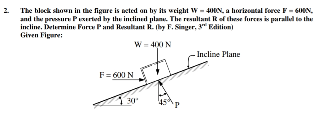 The block shown in the figure is acted on by its weight W = 400N, a horizontal force F = 600N,
and the pressure P exerted by the inclined plane. The resultant R of these forces is parallel to the
incline. Determine Force P and Resultant R. (by F. Singer, 3rd Edition)
Given Figure:
2.
W = 400 N
Incline Plane
F = 600 N
30°
