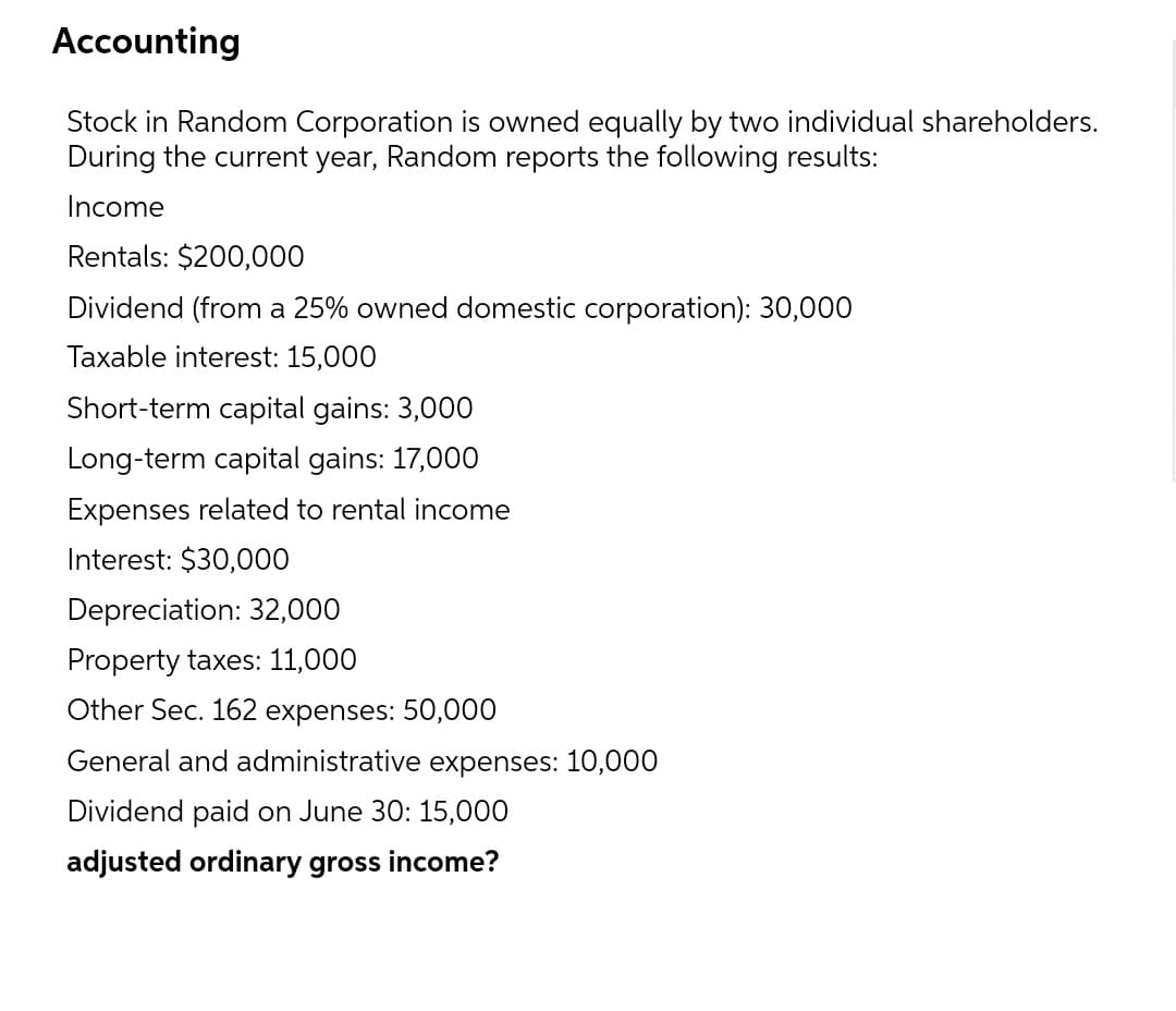 Accounting
Stock in Random Corporation is owned equally by two individual shareholders.
During the current year, Random reports the following results:
Income
Rentals: $200,000
Dividend (from a 25% owned domestic corporation): 30,000
Taxable interest: 15,000
Short-term capital gains: 3,000
Long-term capital gains: 17,000
Expenses related to rental income
Interest: $30,000
Depreciation: 32,000
Property taxes: 11,000
Other Sec. 162 expenses: 50,000
General and administrative expenses: 10,000
Dividend paid on June 30: 15,000
adjusted ordinary gross income?

