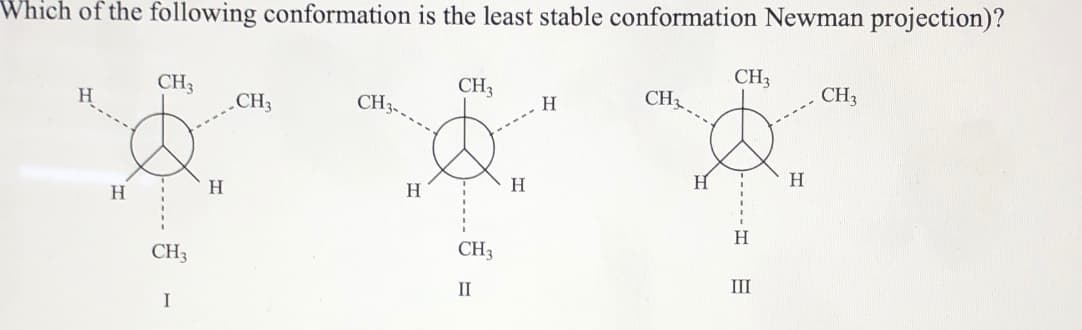 Which of the following conformation is the least stable conformation Newman projection)?
CH3
CH3
CH3
CH3
CH
CH3
CH3
H
H.
H
H.
H.
CH3
CH3
II
II
I
