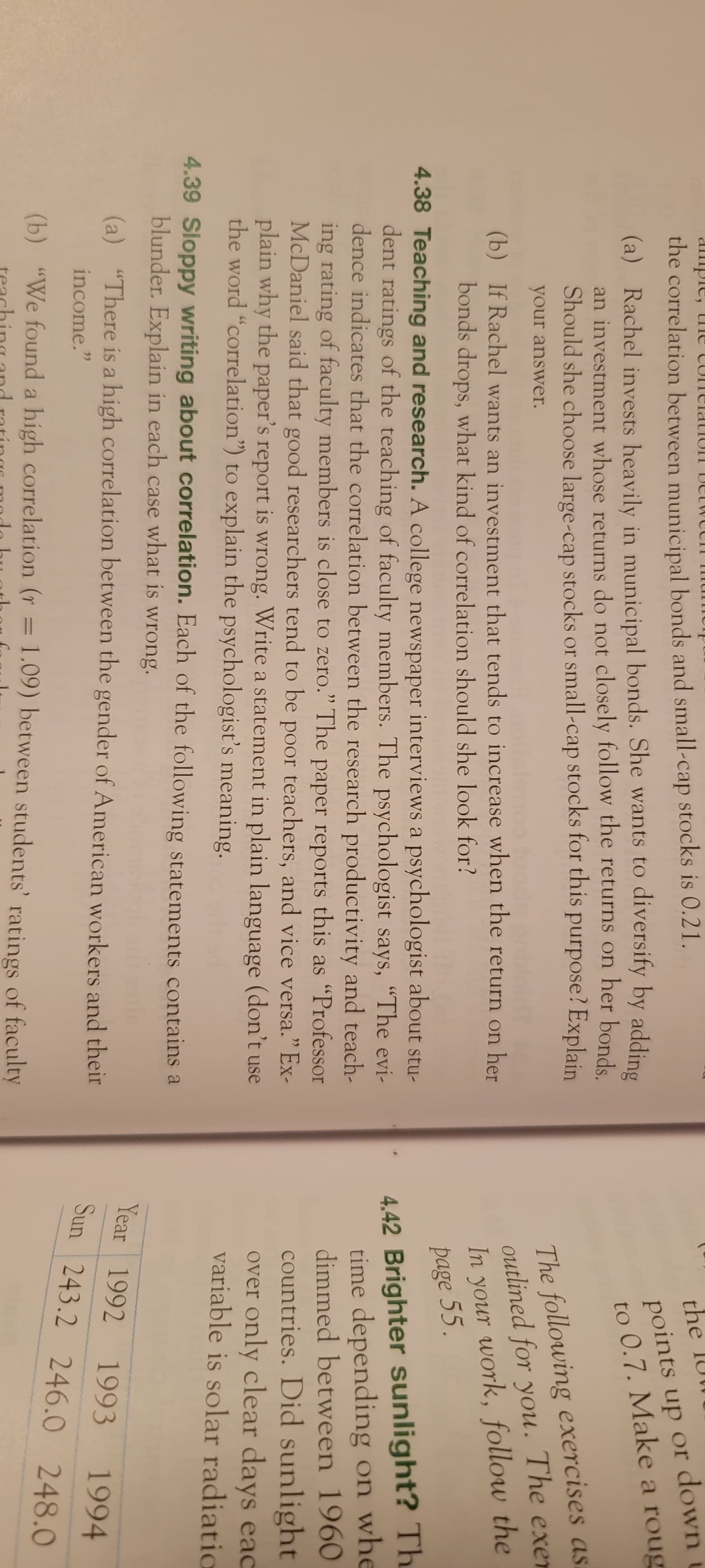 points up or down u
to 0.7. Make a roug
he
the correlation between municipal bonds and small-cap stocks is O.21.
(a) Rachel invests heavily in municipal bonds. She wants to diversify by adding
an investment whose returns do not closely follow the returns on her bonds
Should she choose large-cap stocks or small-cap stocks for this purpose? Explain
The following exercises as
outlined for you. The exer
In your work, follow the
your answer.
(b) If Rachel wants an investment that tends to increase when the return on her
bonds drops, what kind of correlation should she look for?
page 55.
4.38 Teaching and research. A college newspaper interviews a psychologist about stu-
dent ratings of the teaching of faculty members. The psychologist says, "The evi-
dence indicates that the correlation between the research productivity and teach-
ing rating of faculty members is close to zero." The paper reports this as "Professor
McDaniel said that good researchers tend to be poor teachers, and vice versa." Ex-
plain why the paper's report is wrong. Write a statement in plain language (don't use
the word "correlation") to explain the psychologist's meaning.
4.42 Brighter sunlight? Th
time depending on whe
dimmed between 1960
countries. Did sunlight
over only clear days eac
variable is solar radiatio
4.39 Sloppy writing about correlation. Each of the following statements contains a
blunder. Explain in each case what is wrong.
Year 1992
(a) "There is a high correlation between the gender of American workers and their
1993
Sun 243.2 246.0 248.0
1994
income."
(b) "We found a high correlation (r = 1.09) between students' ratings of faculty
%3D
teaching and ratingr modo
th
