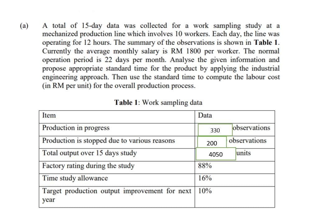 A total of 15-day data was collected for a work sampling study at a
mechanized production line which involves 10 workers. Each day, the line was
operating for 12 hours. The summary of the observations is shown in Table 1.
Currently the average monthly salary is RM 1800 per worker. The normal
operation period is 22 days per month. Analyse the given information and
propose appropriate standard time for the product by applying the industrial
engineering approach. Then use the standard time to compute the labour cost
(in RM per unit) for the overall production process.
(а)
Table 1: Work sampling data
Item
Data
Production in progress
observations
330
Production is stopped due to various reasons
observations
200
Total output over 15 days study
4050
units
Factory rating during the study
Time study allowance
88%
16%
Target production output improvement for next
10%
year
