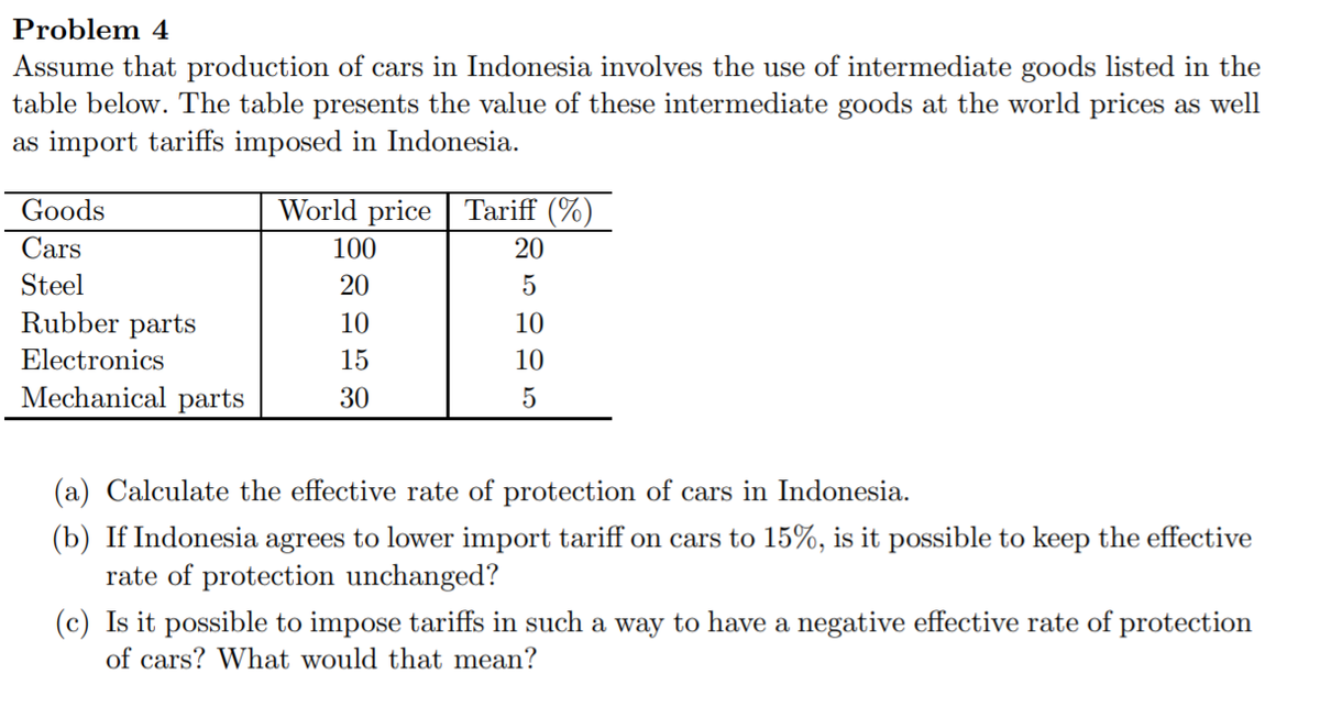 Problem 4
Assume that production of cars in Indonesia involves the use of intermediate goods listed in the
table below. The table presents the value of these intermediate goods at the world prices as well
as import tariffs imposed in Indonesia.
Goods
World price | Tariff (%)
Cars
100
20
Steel
20
5
Rubber parts
10
10
Electronics
15
10
Mechanical parts
30
(a) Calculate the effective rate of protection of cars in Indonesia.
(b) If Indonesia agrees to lower import tariff on cars to 15%, is it possible to keep the effective
rate of protection unchanged?
(c) Is it possible to impose tariffs in such a way to have a negative effective rate of protection
of cars? What would that mean?
