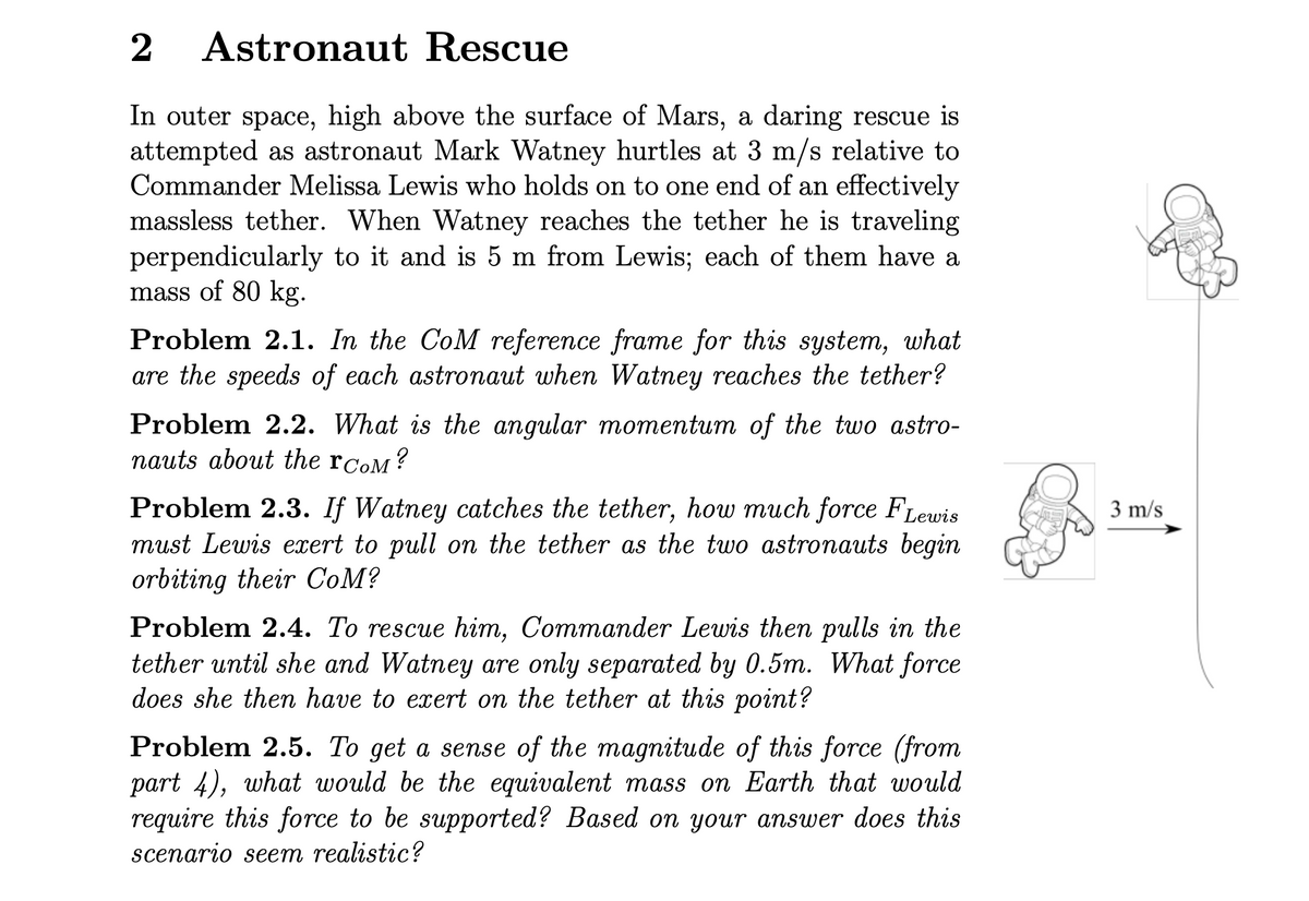 2
Astronaut Rescue
In outer space, high above the surface of Mars, a daring rescue is
attempted as astronaut Mark Watney hurtles at 3 m/s relative to
Commander Melissa Lewis who holds on to one end of an effectively
massless tether. When Watney reaches the tether he is traveling
perpendicularly to it and is 5 m from Lewis; each of them have a
mass of 80 kg.
Problem 2.1. In the CoM reference frame for this system, what
are the speeds of each astronaut when Watney reaches the tether?
Problem 2.2. What is the angular momentum of the two astro-
nauts about the гCOM?
Problem 2.3. If Watney catches the tether, how much force FLewis
must Lewis exert to pull on the tether as the two astronauts begin
orbiting their CoM?
Problem 2.4. To rescue him, Commander Lewis then pulls in the
tether until she and Watney are only separated by 0.5m. What force
does she then have to exert on the tether at this point?
Problem 2.5. To get a sense of the magnitude of this force (from
part 4), what would be the equivalent mass on Earth that would
require this force to be supported? Based on your answer does this
scenario seem realistic?
3 m/s