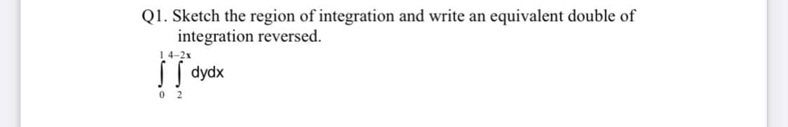 Q1. Sketch the region of integration and write an equivalent double of
integration reversed.
14-2x
S[ dydx
0 2
