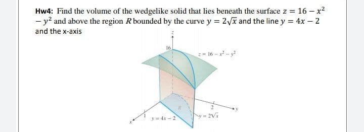 Hw4: Find the volume of the wedgelike solid that lies beneath the surface z = 16 – x2
- y? and above the region Rbounded by the curve y = 2yx and the line y = 4x - 2
and the x-axis
16
z= 16 - x -
y= 2Vi
y = 4x - 2
