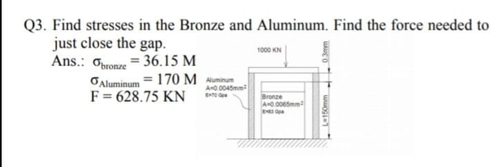 Q3. Find stresses in the Bronze and Aluminum. Find the force needed to
just close the gap.
1000 KN
Ans.: opronze = 36.15 M
OAluminum = 170 M Aluminum
A-0.0045mm
F = 628.75 KN
ETO e
Bronze
A 0.0065mm
E Opa
L150mm 0.3mm
