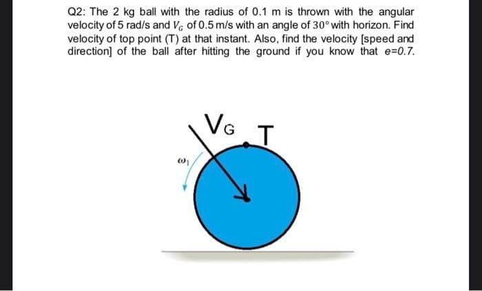 Q2: The 2 kg ball with the radius of 0.1 m is thrown with the angular
velocity of 5 rad/s and V, of 0.5 m/s with an angle of 30°with horizon. Find
velocity of top point (T) at that instant. Also, find the velocity [speed and
direction] of the ball after hitting the ground if you know that e=0.7.
VG
